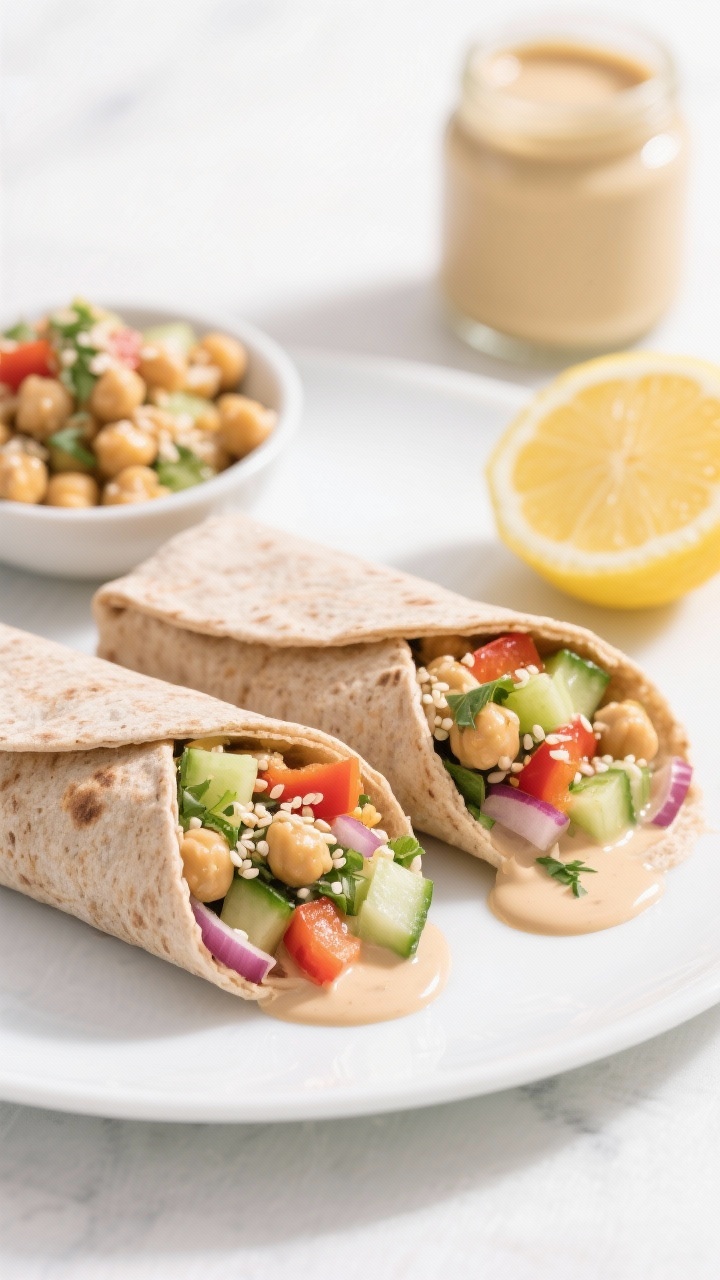 45-degree angle plated wrap scene: creamy tahini chickpea crunch salad stuffed into whole-grain wraps, cross-cut to reveal diced cucumber, bell pepper, finely chopped celery, red onion, and chopped herbs, with a sesame-tahini drizzle pooling slightly; extra chickpea salad in a small bowl, lemon wedge and tahini jar in background; bright, fresh tones, crunchy textures emphasized, clean white surface, no people.