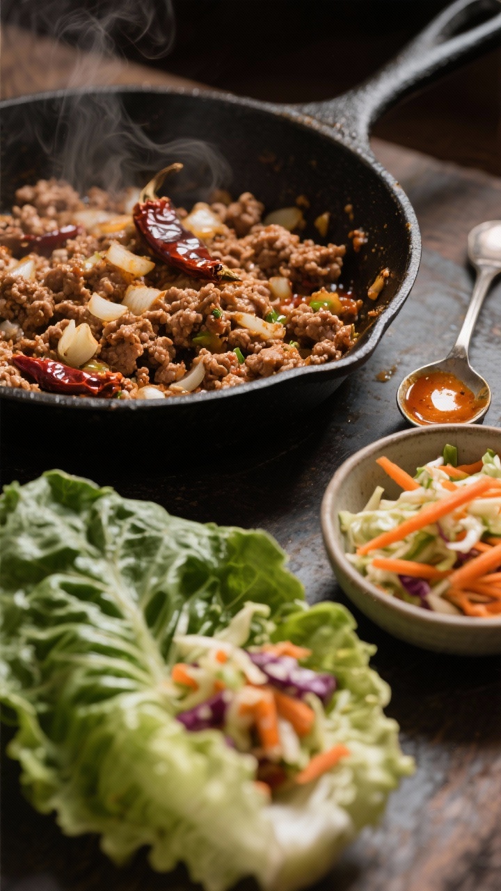 45-degree angle process shot: Chipotle turkey lettuce wraps assembly scene. Lean ground turkey sautéed with minced onion, garlic, and visible flecks of minced chipotle peppers in adobo and a touch of adobo sauce, steaming in a skillet. In the foreground, large crisp lettuce cups ready to fill, and a small bowl of crunchy slaw components (shredded cabbage, carrots) off to the side. Warm, moody light to highlight smoky chipotle tones; no people, just utensils, with a drizzle-ready spoon resting by a small ramekin of extra adobo.