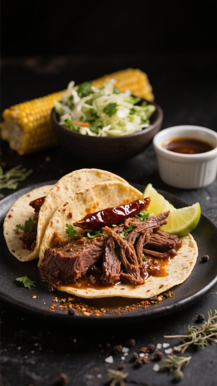 45-degree angle process shot of beef barbacoa taco assembly: shredded, ultra-juicy beef chuck roast seasoned with cumin, dried oregano, black pepper, kosher salt, and visible chipotle peppers in adobo pooling around the meat; warm corn tortillas, a bowl of zingy cilantro-lime slaw (shredded cabbage, cilantro, lime wedges), and a small ramekin of cooking juices. Dark moody background, focus on the glossy, spice-studded beef strands and vibrant slaw contrast.