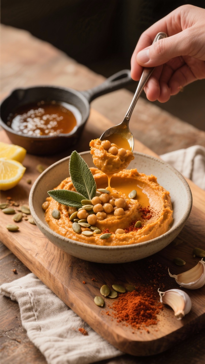 45-degree angle process shot of brown butter sage pumpkin hummus being spooned into a low, wide bowl; chickpeas, pumpkin puree, tahini, lemon halves, garlic cloves, ground cumin, and smoked paprika scattered artfully nearby; a small pan of foamy brown butter with crisp sage leaves ready to drizzle over the smooth orange hummus; topped with toasted pepitas and a dusting of paprika; set on a warm wood board with linen napkin, cozy autumn mood.
