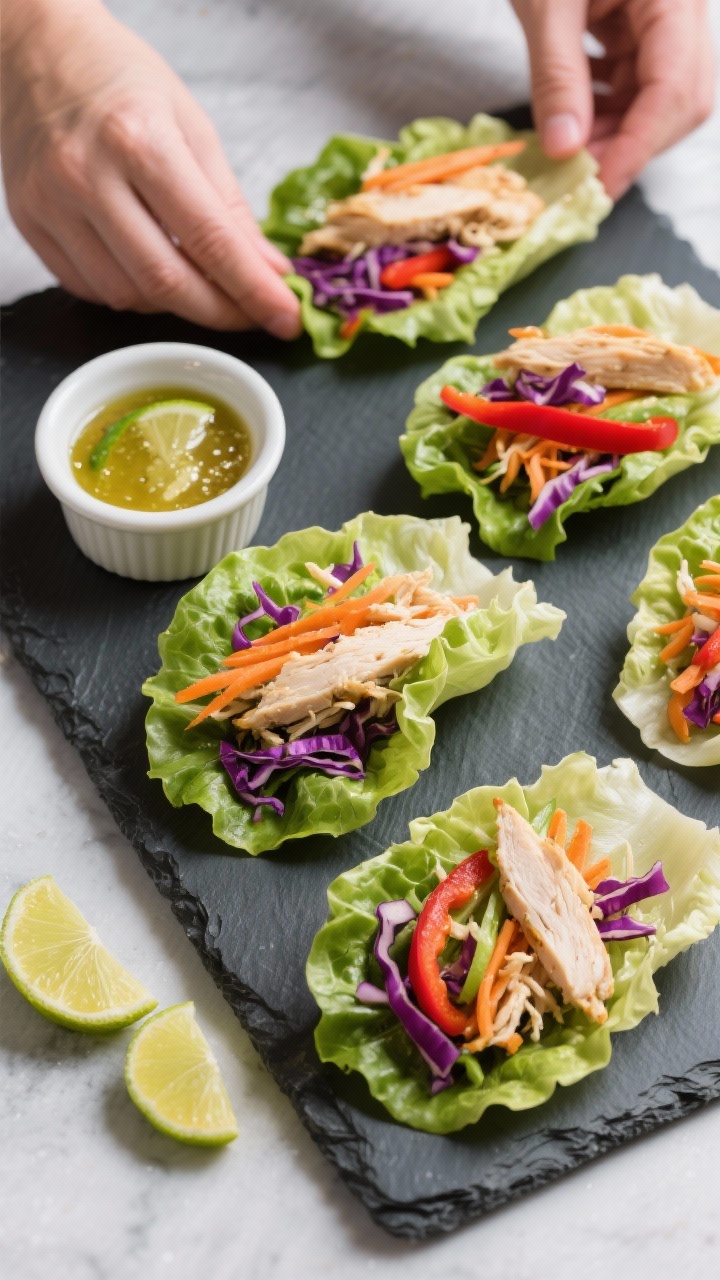 45-degree angle process shot: Rainbow crunch chicken lettuce wraps being assembled on a slate board—six large butter lettuce leaves laid out, each filled with 6 oz shredded chicken breast, vibrant 1/2 cup shredded purple cabbage, 1/2 cup julienned carrots, and 1/3 cup thin red bell pepper; a small ramekin of ginger-lime sauce glistening, lime wedges nearby; crisp textures emphasized, high-contrast color pop, shallow depth of field to highlight the fillings, clean background, no hands visible.
