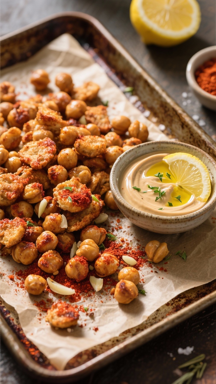 45-degree angle roast-and-dip scene: smoky chickpea crunchers spilling from a parchment-lined sheet pan, visibly crisp with paprika-red dusting, garlic powder, ground cumin, and salt; a small ceramic bowl of lemon-tahini dip alongside with micro-zest of lemon on top and a swirl of olive oil; warm, directional side light highlighting texture, a pinch bowl of smoked paprika and a halved lemon in frame, rustic baking tray patina emphasized, appetizing crunch-forward mood.