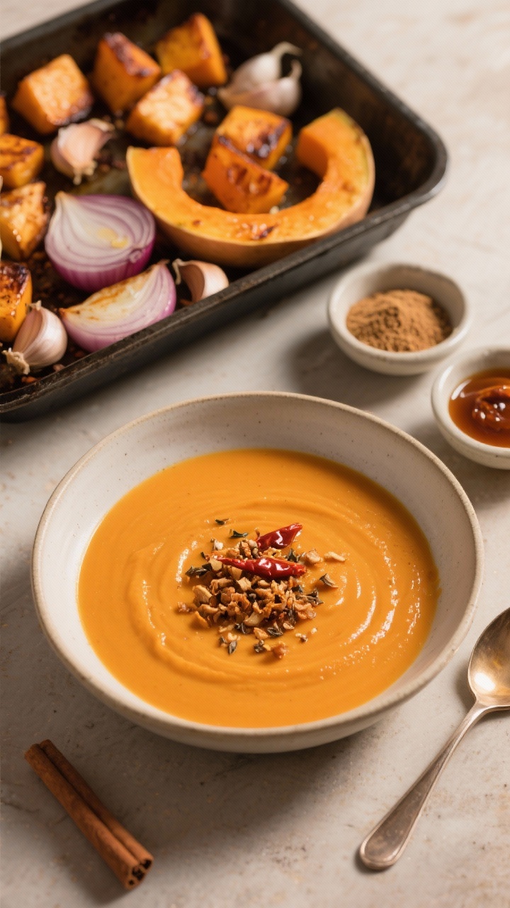 45-degree angle roasted butternut squash soup plated in a wide shallow bowl: sunset-orange puree with silky sheen, topped with a maple-chili crunchy sprinkle and a dusting of cumin and cinnamon; a roasting pan in the background with caramelized cubed squash, quartered onion, and blistered unpeeled garlic cloves; small bowls of ground cumin and cinnamon, and a spoon with maple-chili glaze; golden hour light, cozy autumn feel.