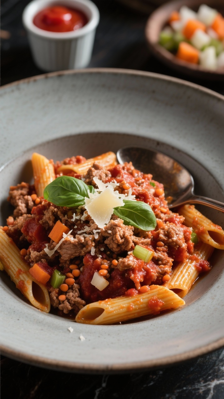 45-degree angle, rustic plated turkey bolognese over red lentil penne in a shallow matte bowl; lean ground turkey sauce with finely diced onion, carrot, celery, and garlic simmered to a brick-red sheen, spoon trails visible; garnished with a few torn basil leaves and a dusting of Parmesan; a small cup of tomato paste and diced mirepoix in the background; moody Italian trattoria vibe with directional side light to highlight texture of the sauce and penne ridges.