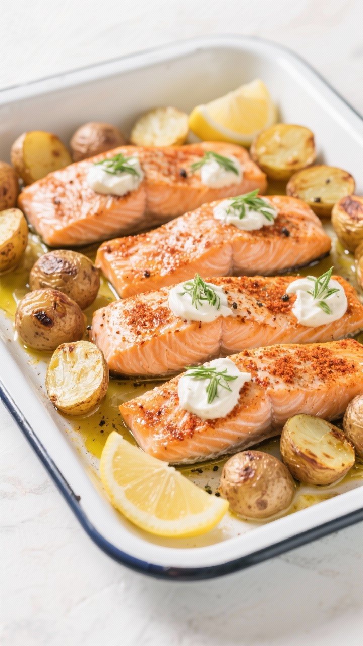 45-degree angle sheet-pan bake: four salmon fillets with paprika, garlic powder, salt, and black pepper, nestled among roasted baby potatoes halved and blistered; dollops of garlic-dill yogurt on the salmon, lemon wedges nearby; olive oil shine and flaky fish texture emphasized; bright, clean light, white enamel tray.