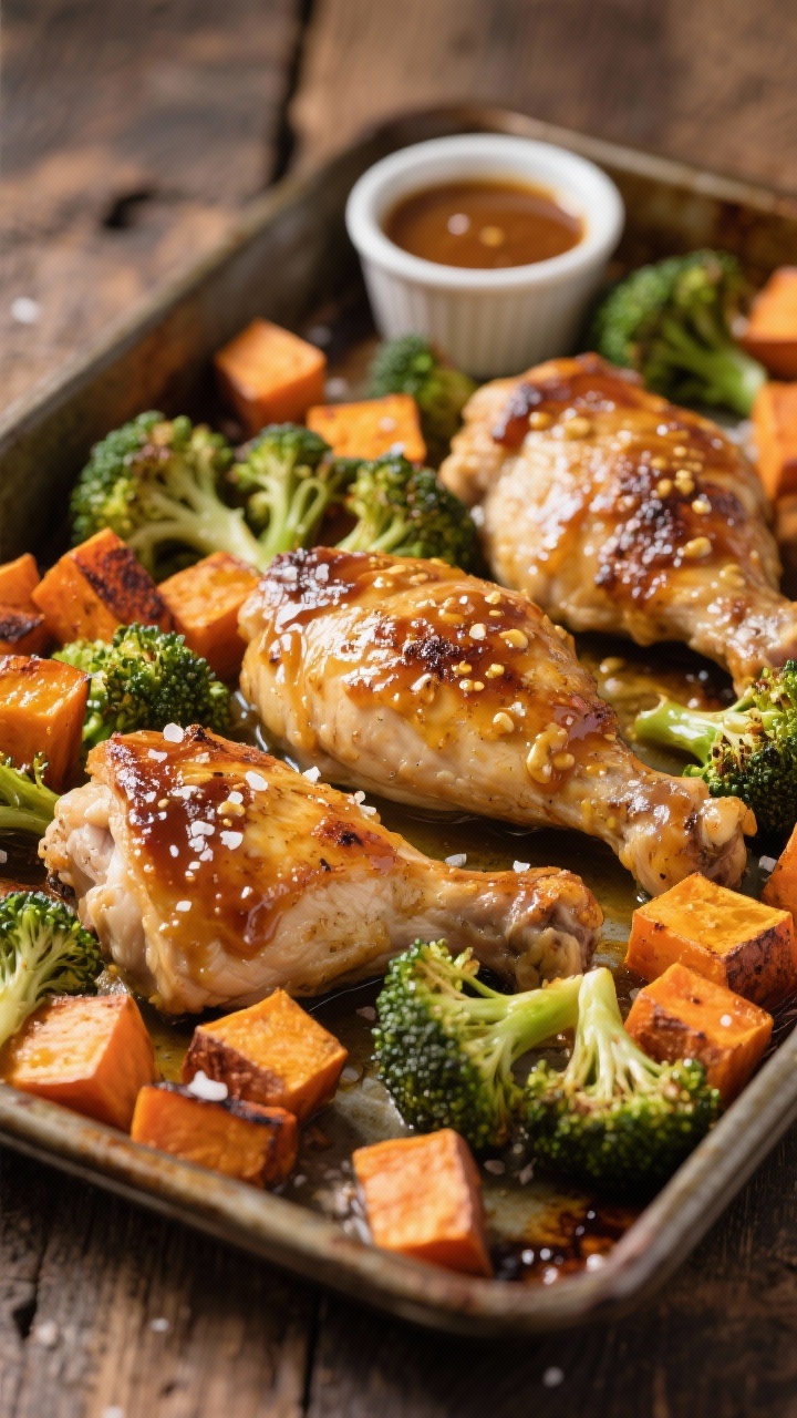 45-degree angle sheet-pan roast of maple mustard chicken with sweet potatoes and broccoli: chunky boneless chicken thighs glazed in a sticky maple-Dijon mixture, surrounded by caramelized sweet potato cubes and crisp-tender broccoli florets; golden edges, light charring, sea salt flakes visible; rustic baking tray on a wooden surface with a small ramekin of extra sauce.