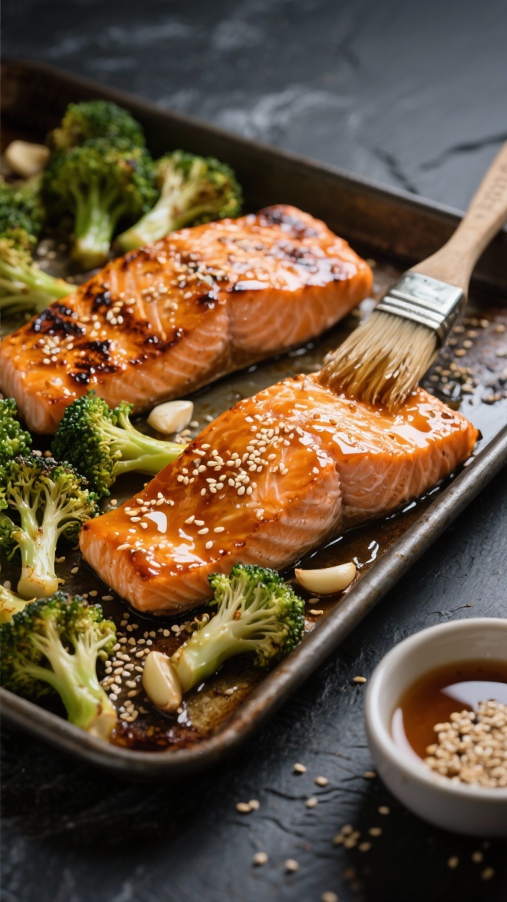 45-degree angle sheet-pan style Honey Garlic Salmon with Sesame Broccoli: large salmon portions glazed with a glossy mix of low-sodium soy/tamari, honey, minced garlic, rice vinegar, and fresh ginger, edges caramelized; charred-tipped broccoli florets tossed with toasted sesame seeds alongside; brushed glaze visible in a small bowl with a pastry brush, sesame sprinkle mid-air feel, dark slate backdrop for color pop.