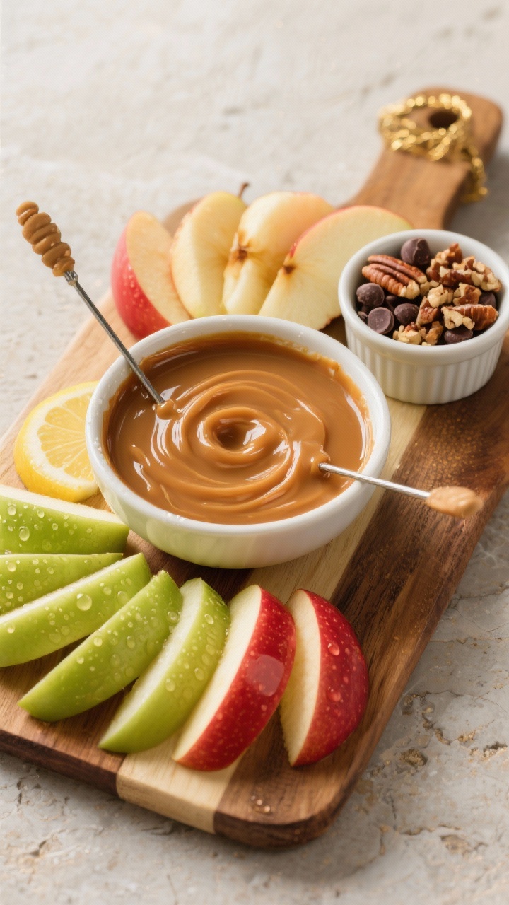 45-degree angle shot of a Caramel Apple Fondue Board that doubles as a party trick: thick wedges of Honeycrisp and Granny Smith apples fresh from a lemon-water soak (beads of moisture), a central warm bowl of soft caramel sauce with a glossy swirl, a side ramekin of crunchy toppings (chopped pecans) and one of mini chocolate chips, apples fanned in alternating red and green, neutral stone surface, golden highlights to emphasize caramel sheen, clean modern styling, tight composition.