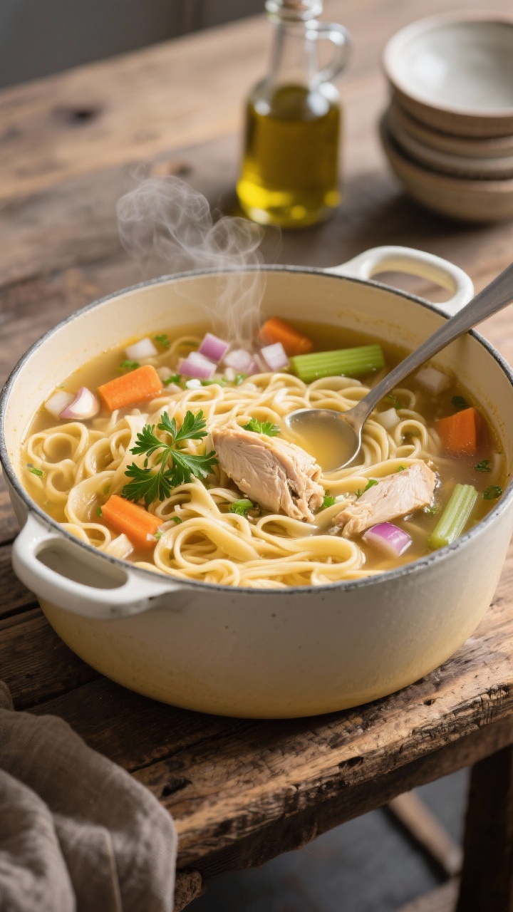 45-degree angle shot of a cozy chicken noodle soup in a large enamel pot: golden chicken broth with visible diced onion, sliced carrots and celery, minced garlic, and tender shreds of boneless chicken thighs; wide egg noodles weaving through, a sprig of parsley for color; ladle resting on the rim, steam rising; set on a rustic wooden table with a bottle of olive oil and stacked bowls nearby; comforting, homestyle mood, clean and inviting.