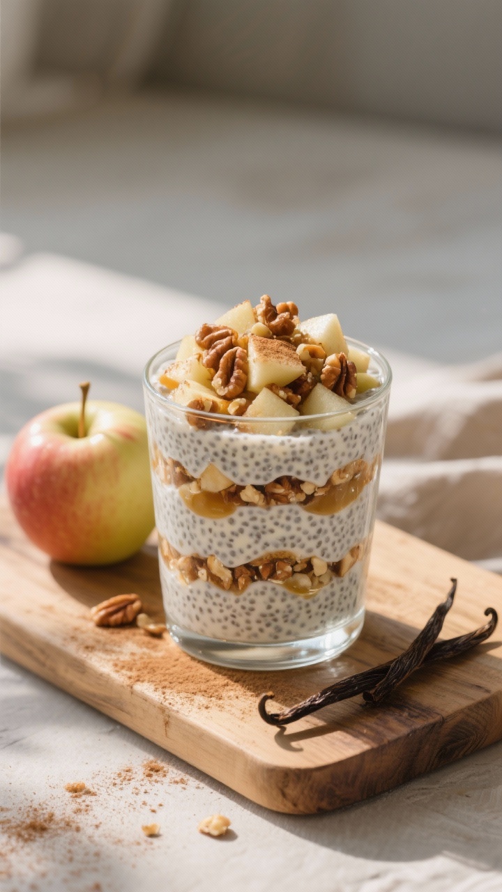 45-degree angle shot of a Crunchy Apple Pie Chia Parfait layered in a clear glass: vanilla chia pudding made with unsweetened almond milk and a touch of maple syrup, topped with diced apple sautéed with cinnamon and a sprinkle of crunchy chopped nuts; garnished with an extra dusting of cinnamon and a tiny drizzle of syrup, styled on a rustic wooden board with a whole apple and vanilla pod in frame, bright morning light.