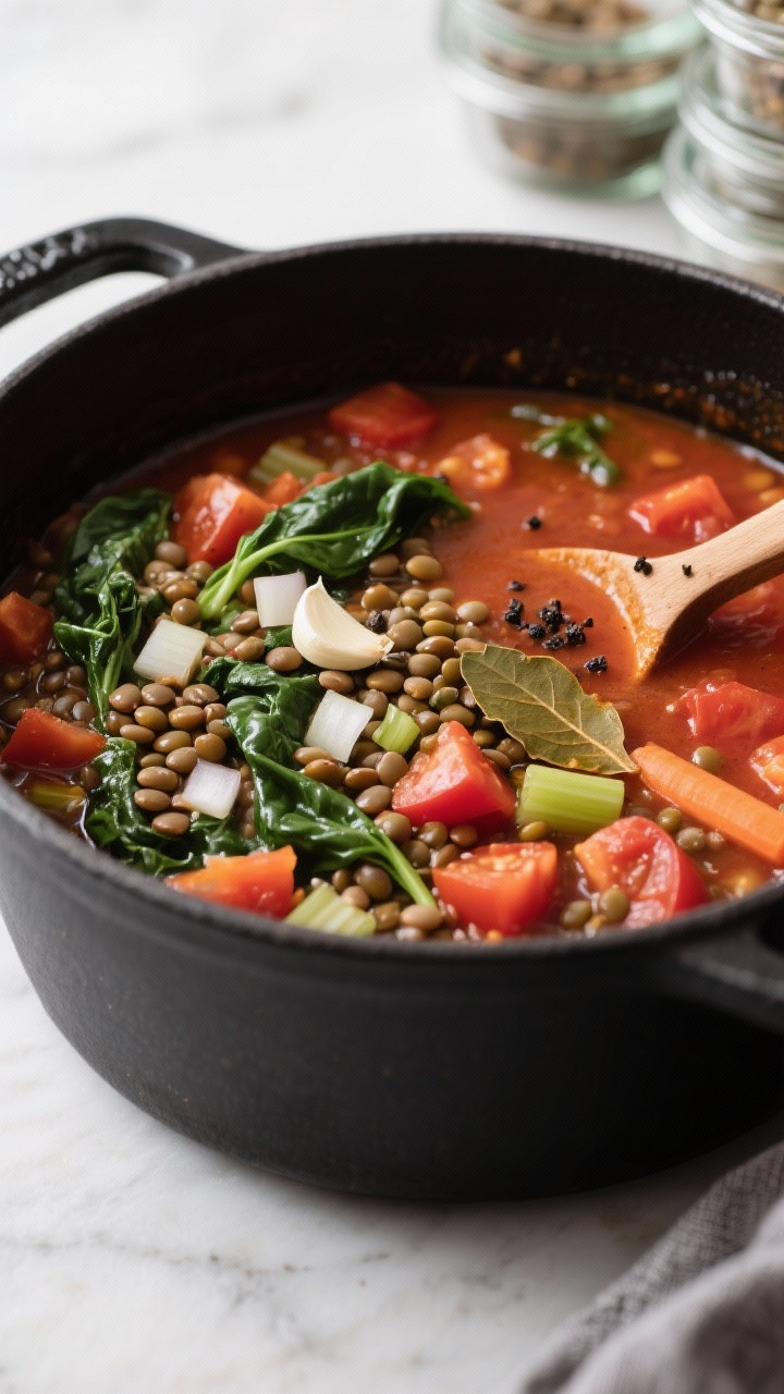 45-degree angle shot of a hearty lentil and tomato stew simmering in a matte black Dutch oven: green/brown lentils, diced tomatoes, spinach just wilted, diced onion, garlic, carrots, and celery visible; rich brick-red broth with bay notes implied; ladle resting on the rim, a sprinkle of black pepper on top; cozy, meal-prep vibe with stacked glass containers blurred in background.