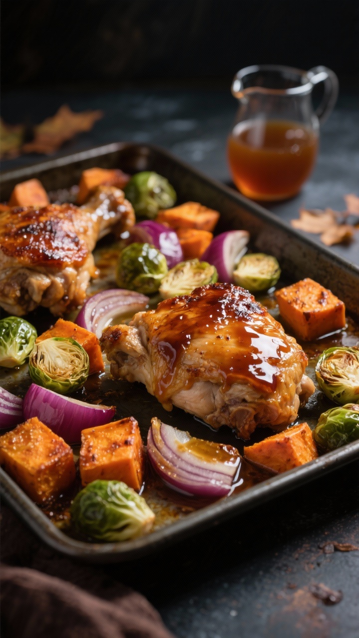 45-degree angle shot of a maple-glazed sheet pan dinner: bone-in, skin-on chicken thighs with lacquered, caramelized skin nestled among cubed sweet potatoes, halved Brussels sprouts, and red onion wedges; everything glossy with olive oil and maple glaze, edges crisped; shot on a dark metal sheet pan with a small pitcher of maple glaze in the background; moody fall lighting.