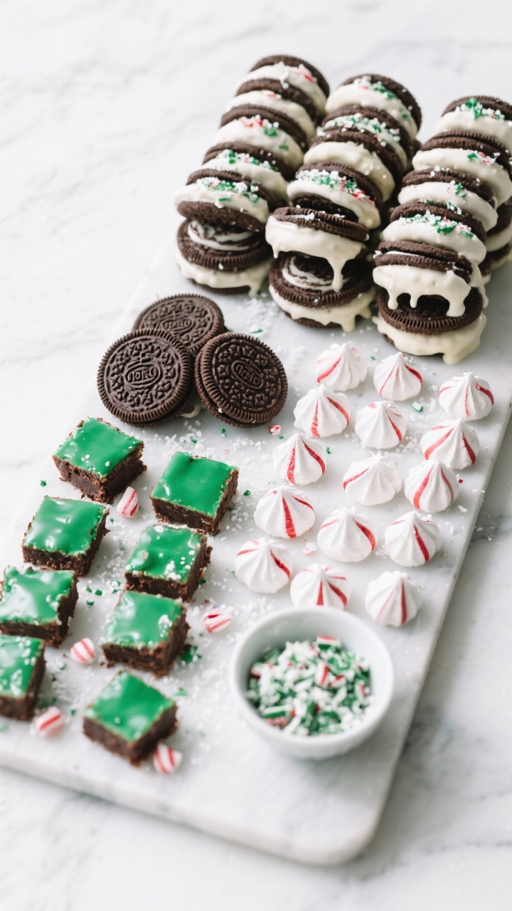 45-degree angle shot of a Peppermint Party board: 18 peppermint chocolate sandwich cookies stacked neatly, 20 white chocolate–dipped Oreos with crushed candy cane, 24 mini peppermint meringues scattered like snow, 12 bite-size chocolate mint brownies with glossy tops, and a small bowl of crushed peppermint; cool, crisp lighting on a white marble surface, minimal props for a frosty vibe.