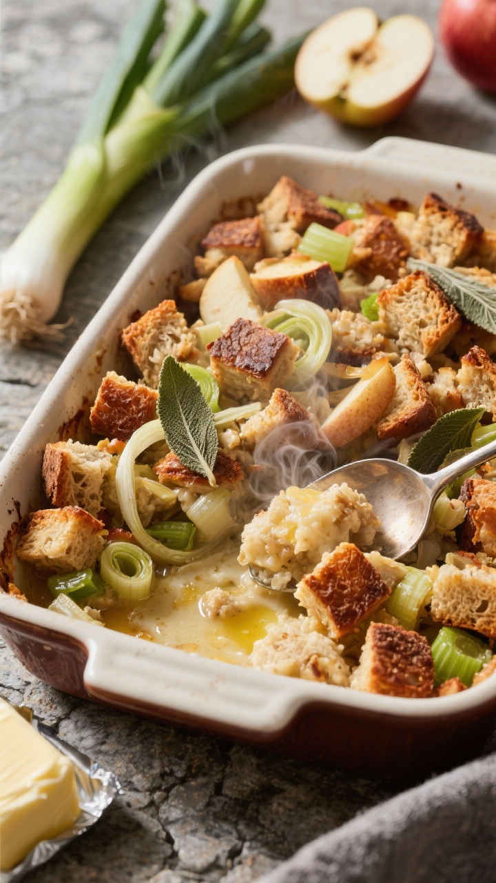 45-degree angle shot of a rustic casserole dish filled with crispy sourdough stuffing: bronzed 1-inch bread cubes with crackly edges, ribbons of sautéed leeks, diced celery, and visible Honeycrisp apple pieces, sage leaves tucked throughout; steam rising, melted butter sheen, a spoon breaking in to show soft custardy interior beneath crunchy top; set on a stone surface with leeks, apple slices, and a butter wrapper as styling elements.