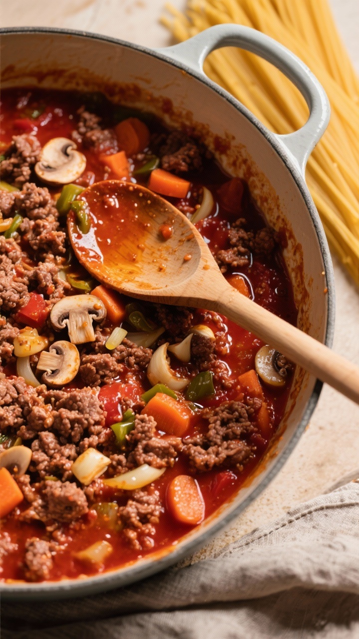 45-degree angle shot of a veggie-loaded beef bolognese simmering in a wide Dutch oven: crumbled ground beef with finely chopped mushrooms, carrots, onion, and minced garlic in a deeply red, glossy tomato sauce. Wooden spoon resting on the pot edge, flecks of olive oil shimmering, thick hearty texture that clings to the spoon. Warm, cozy kitchen backdrop with a bundle of uncooked spaghetti off to the side, rich, inviting tones.
