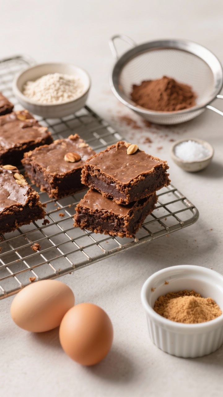 45-degree angle shot of almond flour brownies on a cooling rack, showcasing distinctly crispy edges and a gooey middle in one lifted square. Include a small bowl of fine almond flour, a sieve dusted with unsweetened cocoa powder, a pinch bowl of baking soda and fine sea salt, two room-temp eggs with shells nearby, and a ramekin of coconut sugar. Neutral backdrop, sharp detail on crumb structure and edge contrast.