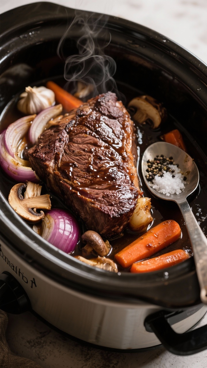 45-degree angle shot of balsamic pot roast in the slow cooker: a seared beef chuck roast nestled with thick onion slices, whole garlic cloves, chunky carrots, and earthy mushrooms, all coated in a glossy balsamic-rich jus; steam hinting at tenderness. Rustic feel with a ladle resting on the rim, salt and black pepper visible on the meat crust, deep mahogany tones emphasized by soft side lighting.