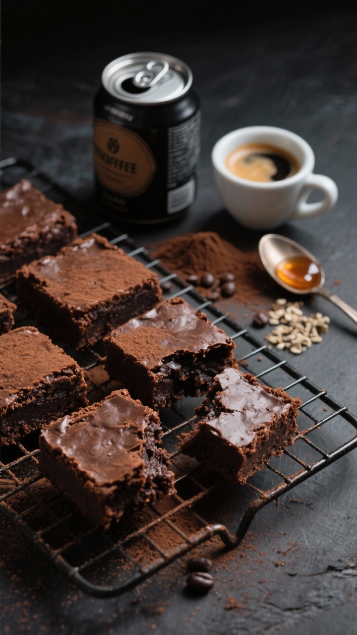 45-degree angle shot of black bean espresso brownies on a cooling rack, a few squares dusted lightly with cocoa. One brownie is broken open to show ultra-fudgy, almost truffle-like interior. Arrange a rinsed black bean can (label turned away), a small espresso cup with crema, cocoa powder, granular monk fruit, and a spoon with sticky maple/honey drizzle nearby. Deep, moody lighting to underline coffee-chocolate intensity.