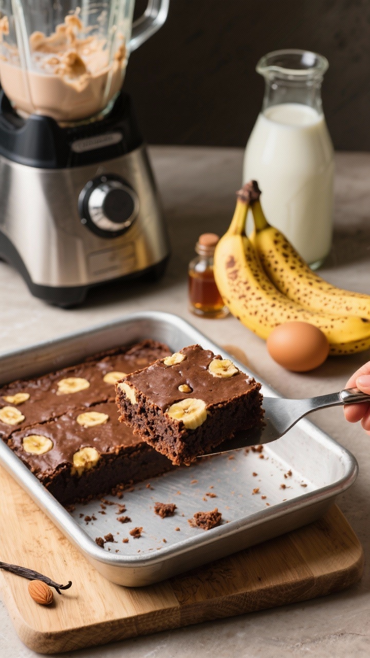45-degree angle shot of blender banana brownies cooling in a metal pan, with a high-speed blender nearby containing remnants of very ripe banana, almond milk, and cocoa. Include two spotty bananas, a jug of unsweetened almond milk, vanilla extract, maple syrup, and eggs styled beside. Show a square piece lifted on a spatula revealing moist crumb with banana speckles, minimal crumbs on the board, warm tones, casual weeknight mood.
