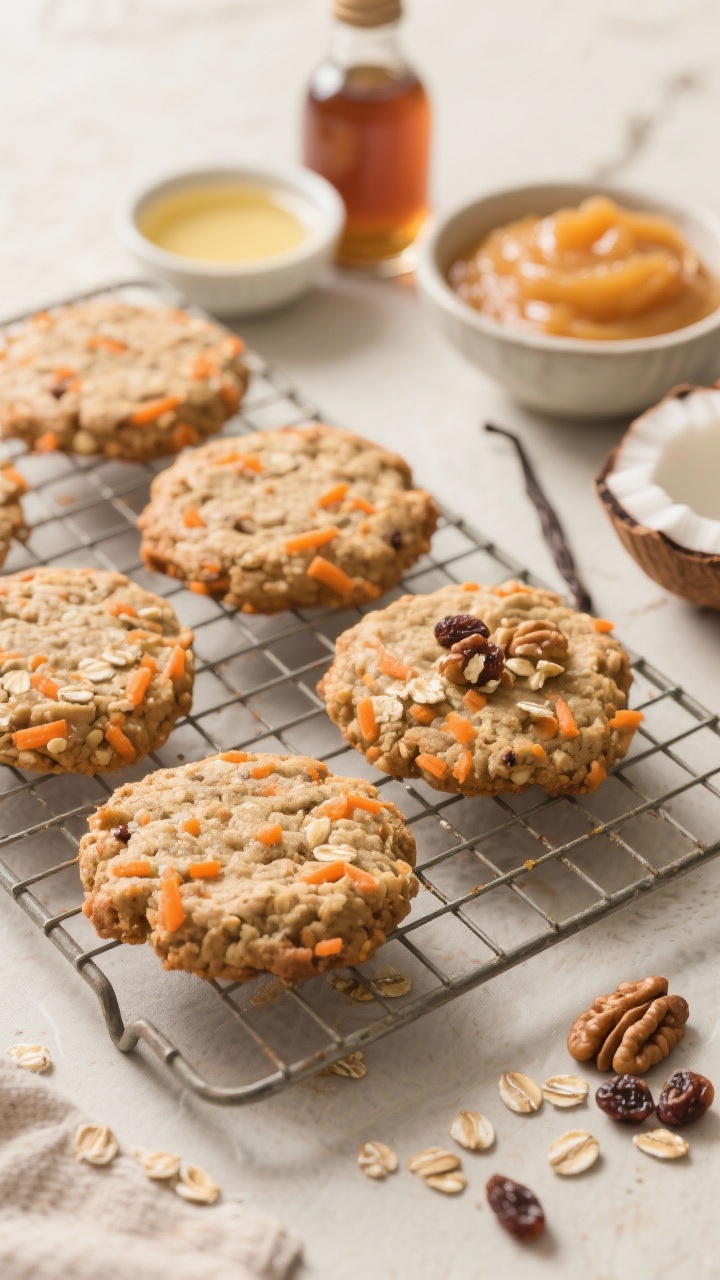 45-degree angle shot of carrot cake breakfast cookies cooling on a wire rack, flecks of finely grated carrot and oats visible; nearby bowls of unsweetened applesauce, melted coconut oil, and maple syrup, plus a vanilla bottle; optional sprinkle of chopped walnuts or raisins as garnish if desired; warm, cozy light evoking dessert-like comfort but breakfast-friendly.