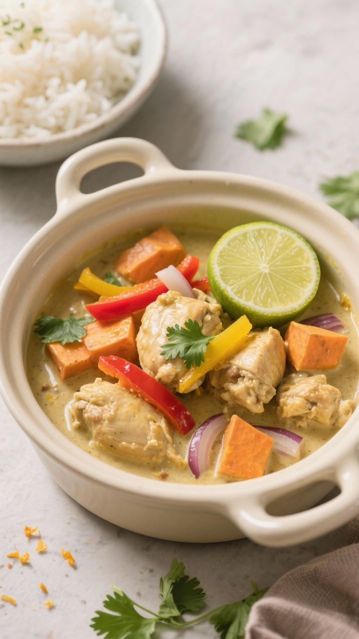 45-degree angle shot of coconut-lime chicken curry in a light ceramic braiser: bite-size chicken thigh pieces with red and yellow bell pepper strips, diced sweet potato, and onion in a silky coconut-based sauce; lime wedges and zest for brightness; garnished with fresh cilantro; rice in a separate bowl; vibrant, tropical color palette and soft highlights emphasizing the creamy sauce.