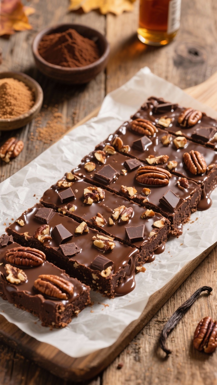 45-degree angle shot of Double-Chocolate Pecan Slab Bars on a parchment-lined sheet, fudgy cocoa base studded with chopped pecans and chocolate chunks, cut into clean bars and finished with a shiny bourbon glaze dripping down the sides; visible ingredients in scene include a small bowl of cocoa powder, vanilla extract bottle, and a dish of granulated and brown sugar; rustic wooden table, warm autumn tones, crisp focus on the glossy glaze.