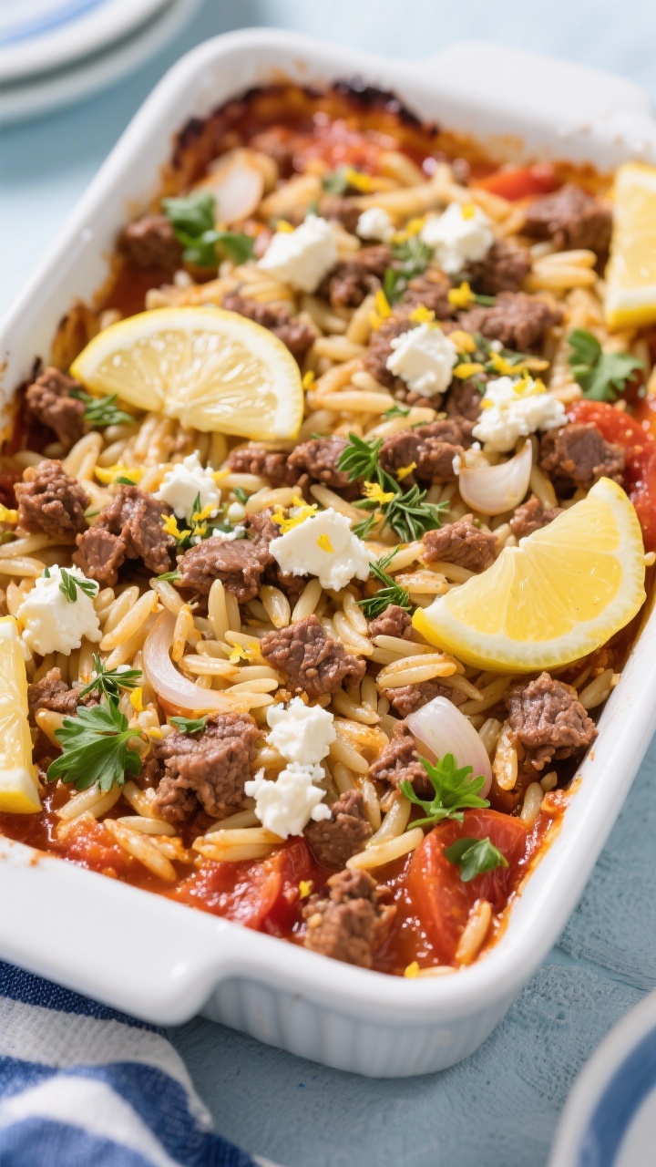 45-degree angle shot of Greek-inspired beef and orzo bake with lemon feta: a baking dish filled with orzo studded with crumbled ground beef, chopped onion, garlic, dried oregano, and a warm hint of ground cinnamon. Crumbled feta and lemon zest scattered over the top with a few lemon wedges tucked in; glossy tomato base peeking through. Garnished with fresh parsley; sunlit Mediterranean vibe with clean whites and blues.