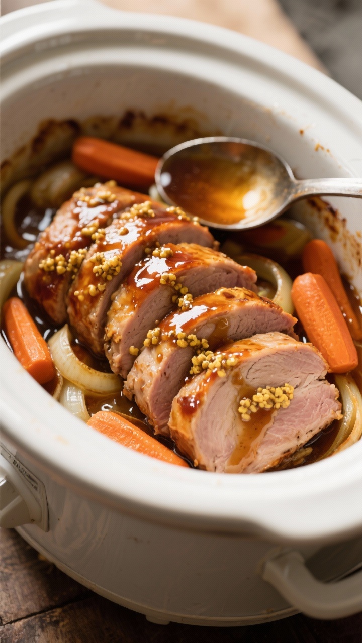 45-degree angle shot of maple-mustard pork tenderloin in the crockpot just after slicing: medallions of pork tenderloin glazed with a glossy sauce of pure maple syrup, Dijon mustard, and apple cider vinegar; nestled with chunky carrots and sliced onion; a basting spoon resting on the rim, visible caramelization on edges, warm amber tones, rustic kitchen setting, soft highlights.