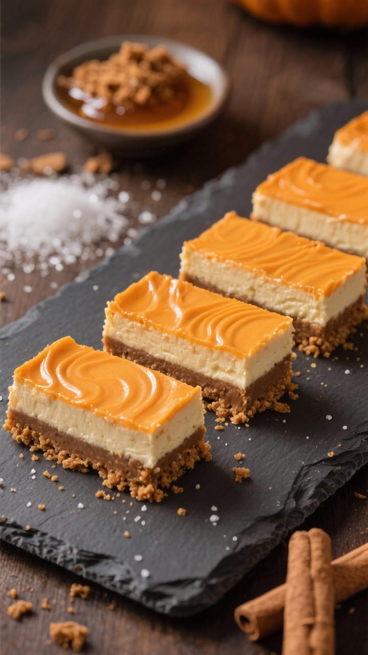 45-degree angle shot of neat pumpkin cheesecake bars on a gingersnap crust, clean cuts showing layers: browned-butter gingersnap crumb base with salt, ultra-smooth cream cheese filling lightly tinted pumpkin-orange, subtle swirl on top; bars arranged on a matte slate board, a small dish of browned butter and a pile of gingersnap crumbs in the background, granulated sugar crystals glinting, cozy warm light and tight depth of field.