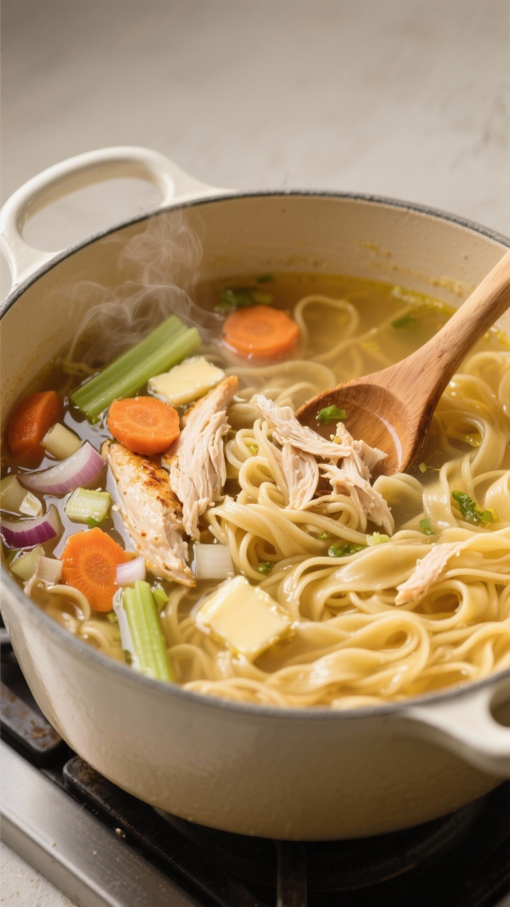 45-degree angle shot of rotisserie chicken noodle soup in a large enamel pot on the stove, clear golden chicken broth with wide egg noodles, shredded rotisserie chicken, sliced carrots and celery, diced onion, and minced garlic visible, sheen from olive oil and butter, ladle resting on the rim; cozy weeknight mood with gentle steam and a wooden spoon, neutral background.