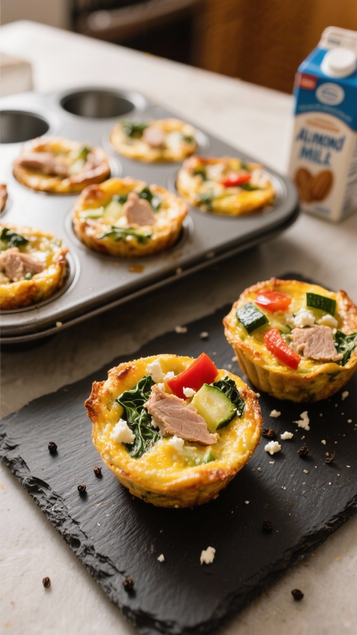 45-degree angle shot of smoky veggie frittata cups baked in a muffin tin, showing bits of baby spinach, roasted red peppers, diced zucchini, and crumbled feta; turkey pieces visible within the egg mixture; a few cups removed and plated on a slate board with a sprinkle of black pepper; almond milk carton off to the side blurred, warm kitchen light emphasizing golden, slightly puffed tops.