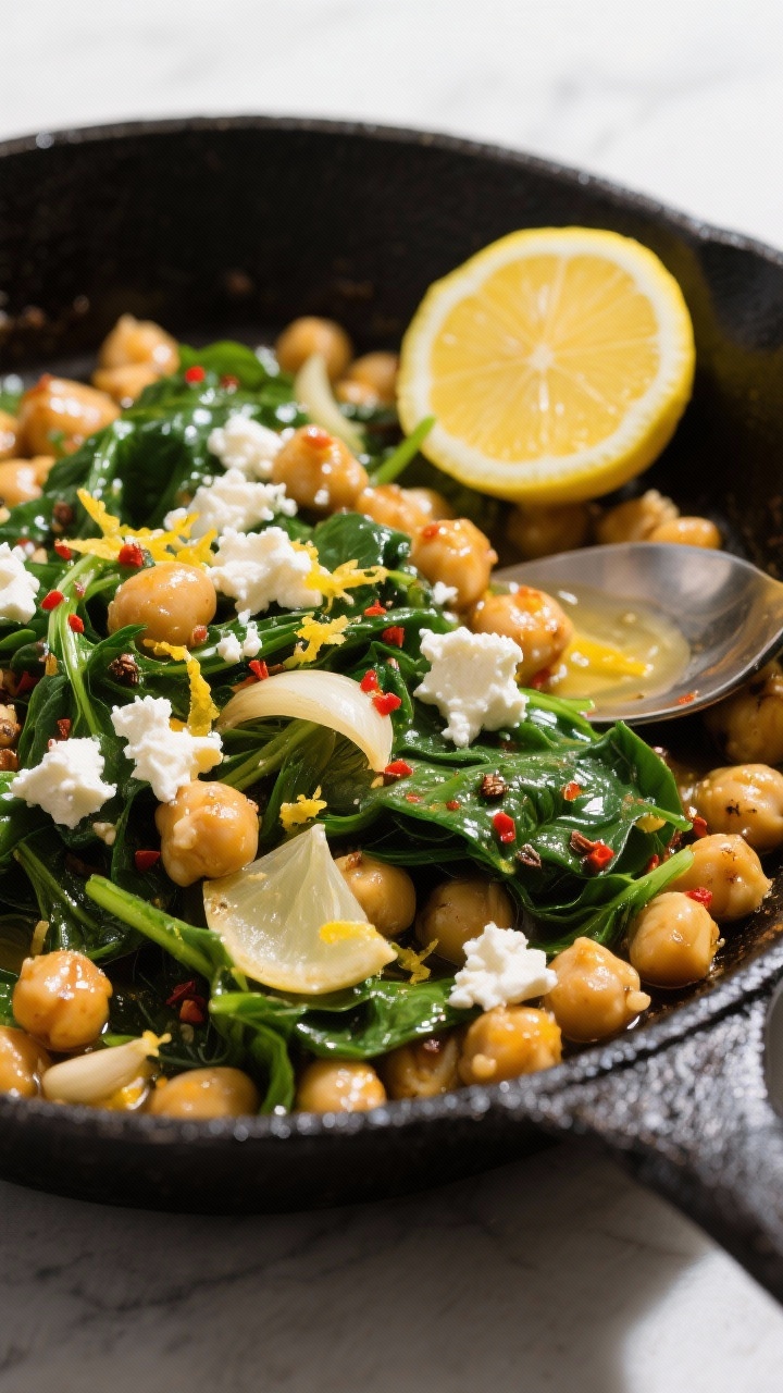 45-degree angle skillet scene of garlicky lemon chickpeas: chickpeas sautéed in olive oil with thinly sliced garlic, cumin, and a pinch of red pepper flakes, glossy with lemon zest and juice, handfuls of just-wilted spinach folded in, crumbled feta on top, served in a black cast-iron skillet with a lemon half and spoon, bright Mediterranean mood.