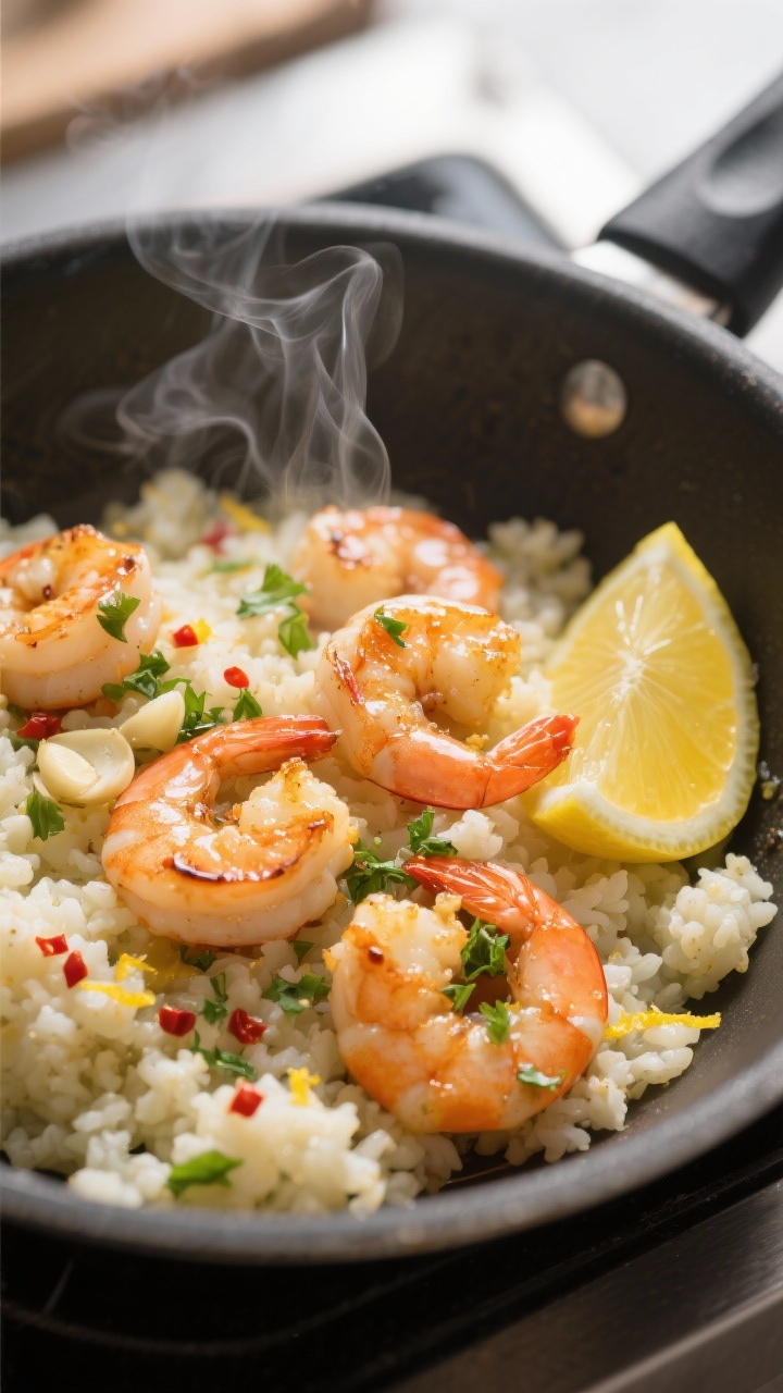 45-degree angle skillet scene of zesty shrimp and cauliflower rice: large shrimp sautéed with olive oil, minced garlic, and a pinch of red pepper flakes, nestled into fluffy riced cauliflower; visible lemon zest and a squeeze of fresh lemon juice glistening on the shrimp; garnished with chopped parsley; steam curling up from the pan, bright citrusy color palette with crisp side light to highlight succulence and grain-like texture of the cauliflower.