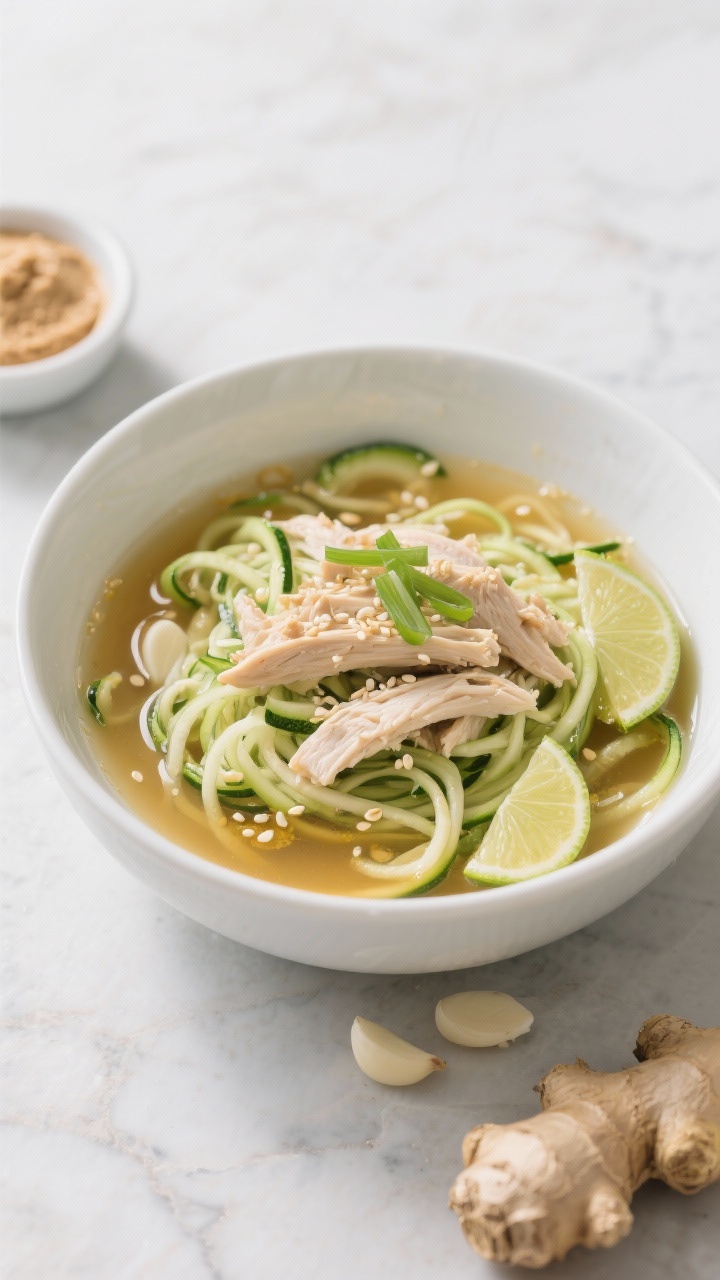 45-degree angle, spa-like presentation of a clear ginger miso chicken zoodle bowl: spiralized zucchini “zoodles” floating in a light golden broth infused with fresh grated ginger, minced garlic, white miso, and low-sodium soy sauce; shredded chicken pieces and a few sesame oil droplets shimmering on the surface; garnished with scallions and a lime wedge on the rim; set in a minimalist white bowl on a pale stone surface with a small dish of miso paste and a ginger knob; clean, calming aesthetic.