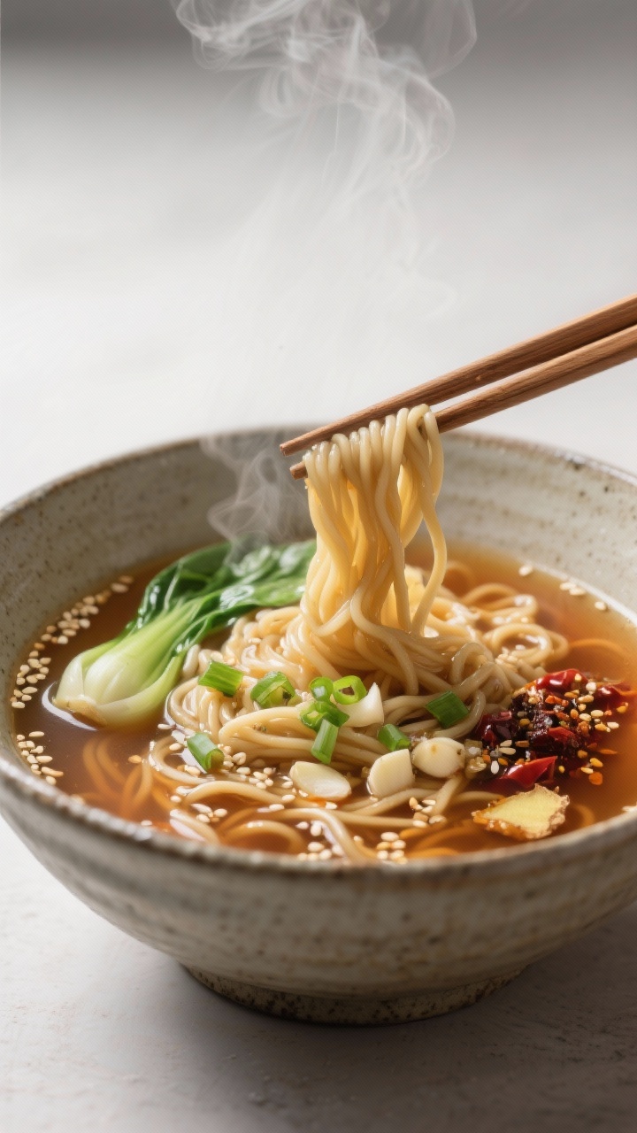 45-degree angle, steaming ginger miso noodle soup in a deep stoneware bowl: clear amber broth with sesame oil sheen, ginger strands, minced garlic, soy sauce/tamari, miso dissolved; bouncy noodles lifted slightly by chopsticks resting on rim; toppings like sliced scallions, sesame seeds, a few baby bok choy leaves, and a drizzle of chili oil; minimalist Japanese-inspired setting, high contrast, clean lines.