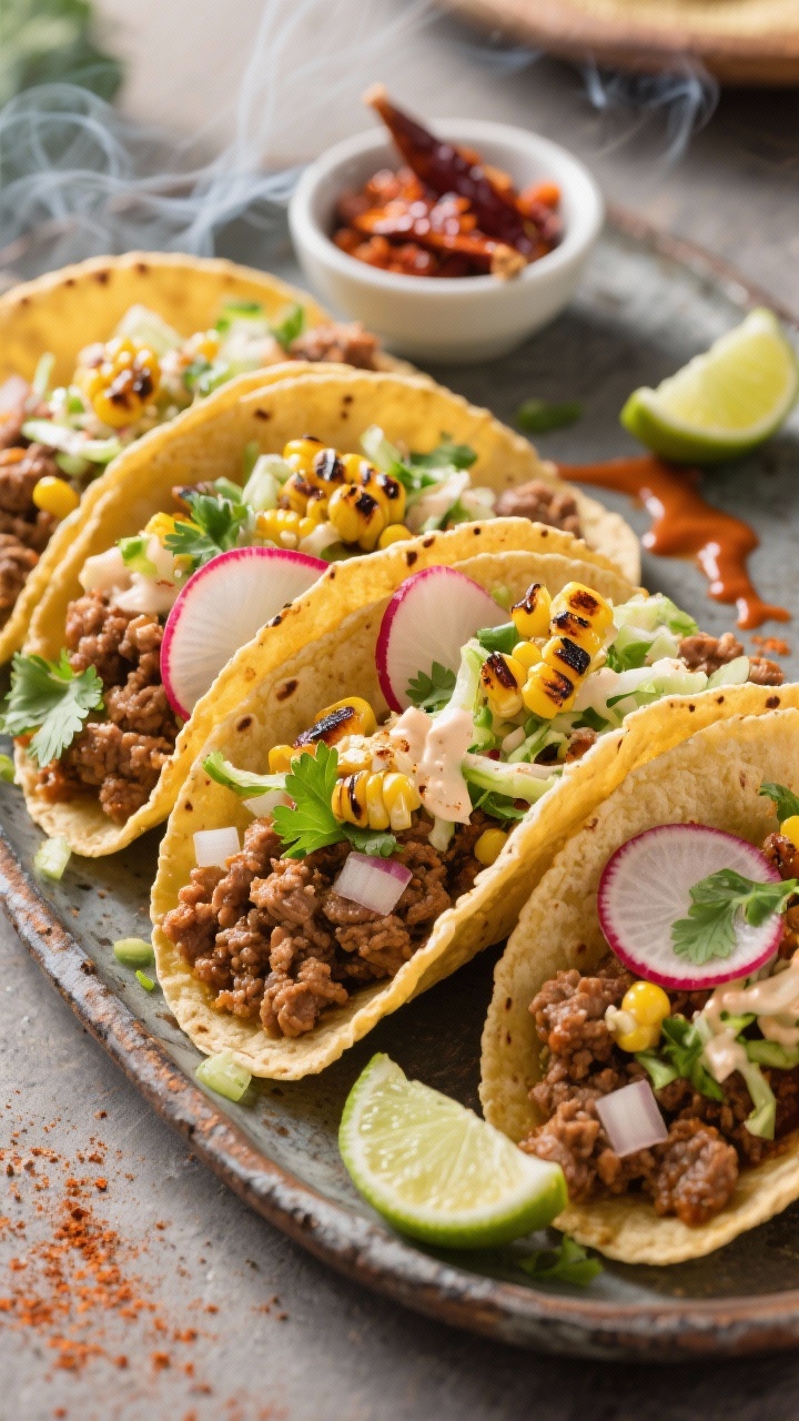 45-degree angle street-style turkey tacos in warm corn tortillas on a rustic platter: juicy chipotle-in-adobo seasoned lean ground turkey sautéed with diced onion and minced garlic, finished with lime zest and juice; topped with vibrant street-corn slaw of charred corn, a touch of chili powder, cilantro, and a creamy lime dressing; garnished with radish slices and extra cilantro; small bowls of minced chipotle, lime wedges, and a drizzle trail of chipotle sauce; bright, lively lighting with slight smoke wisp for heat.