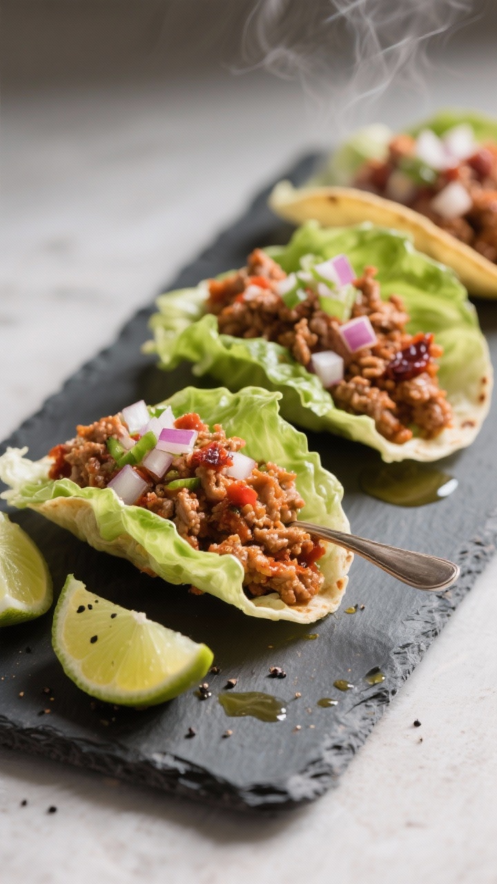 45-degree angle taco scene: Smoky chipotle turkey taco lettuce cups arranged on a slate board. Ground turkey sautéed with onion, garlic, tomato paste, and chipotle in adobo, spooned into crisp butter lettuce leaves. Garnished with diced onion, lime wedges, and a light sprinkle of black pepper. Slight sheen from olive oil, smoky reddish hue from chipotle. Neutral background, no people, professional lighting emphasizing steam and texture.