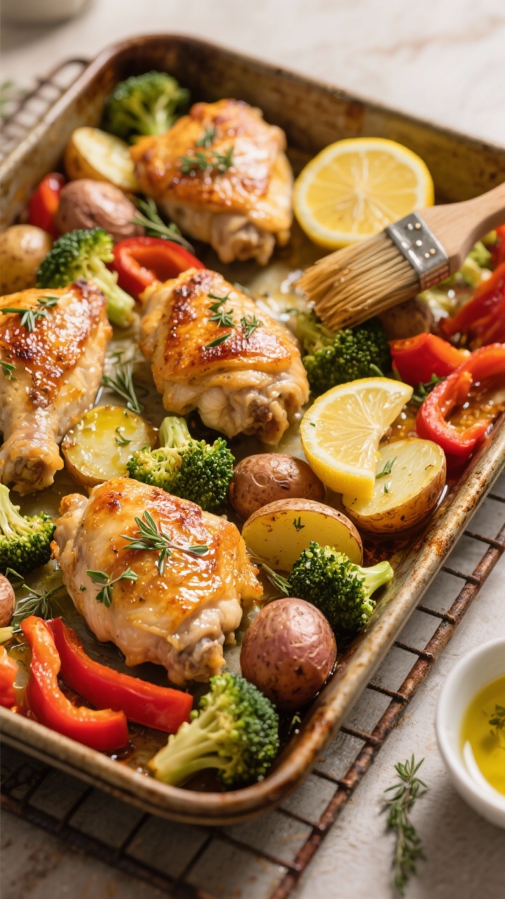 45-degree angle tray-bake scene: One-pan lemon herb chicken and veggie bake straight from the oven—golden, skin-on bone-in chicken thighs nestled among halved small potatoes, broccoli florets, and red bell pepper slices; everything glistening with olive oil, oregano, and thyme, lemon slices tucked in; caramelized edges, sheet pan on a rustic baking rack, a basting brush with herb oil to the side; warm, homey lighting emphasizing crackly chicken skin.