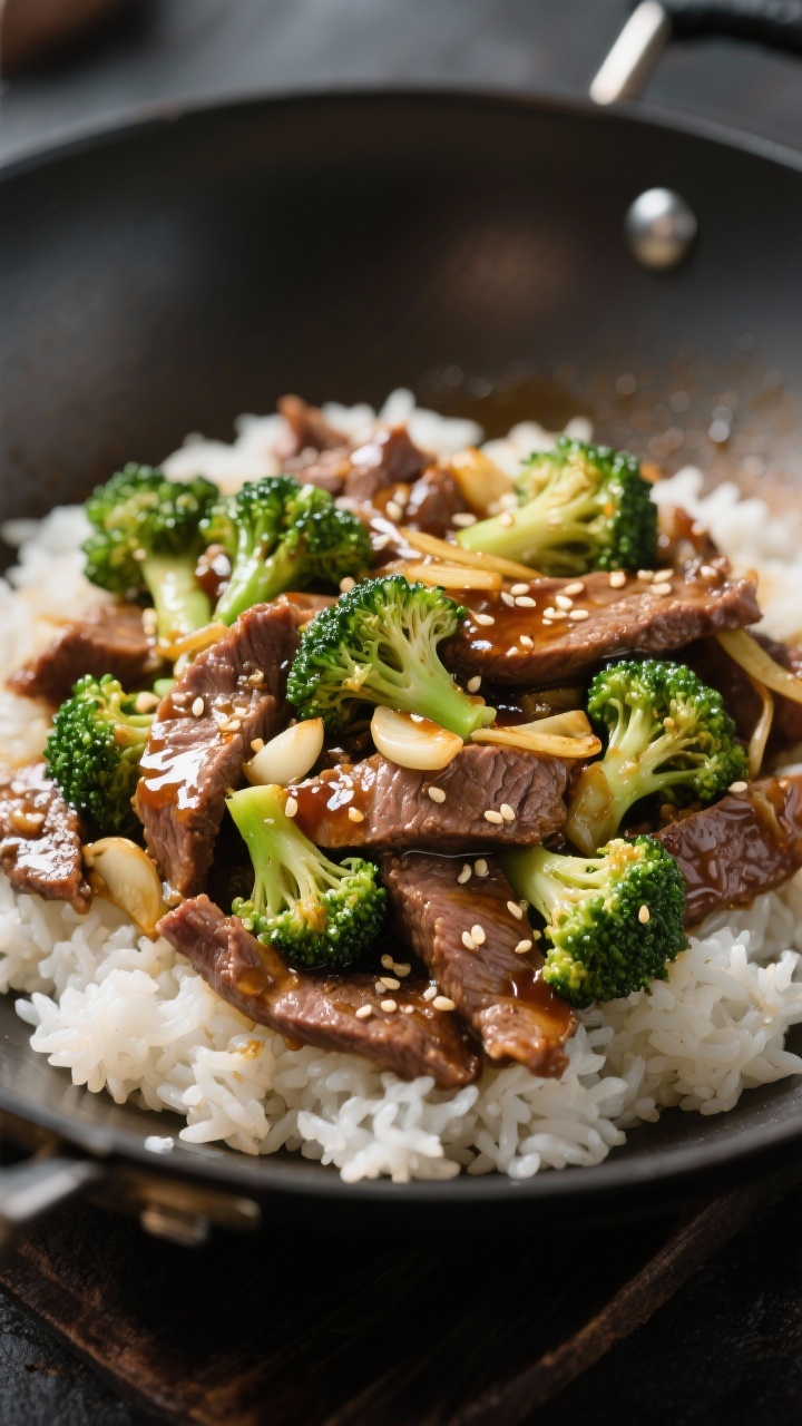 45-degree angle wok stir-fry of Gingery Beef and Broccoli: thinly sliced flank steak flashed in a hot wok with small broccoli florets, minced garlic, glistening vegetable oil and a touch of toasted sesame oil, soy-based glaze clinging to the meat, visible ginger strands, sesame seeds sprinkled, served over a bed of steamed rice in the background, glossy, high-contrast lighting that mimics takeout-better freshness.