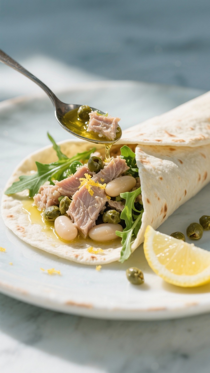 45-degree angle wrap assembly scene for Mediterranean tuna and white bean salad: tuna in olive oil mixed with cannellini beans, capers, lemon zest and juice, olive oil glistening, spooned onto a soft tortilla or flatbread with a few arugula leaves, extra capers and lemon wedge nearby, clean coastal color palette, natural daylight.