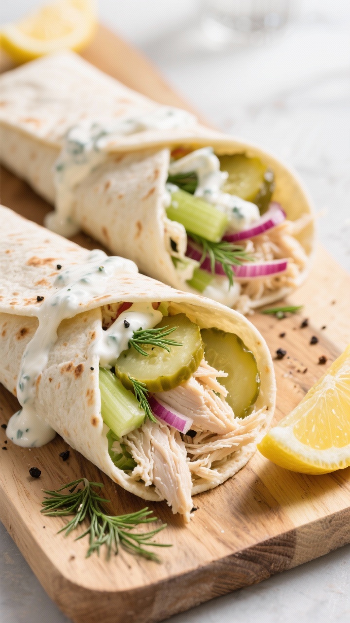 45-degree angle wrap assembly shot: ranch Greek yogurt chicken wraps half-rolled on a board, showing juicy shredded chicken bound with nonfat Greek yogurt, light mayo, lemon juice, Dijon, and ranch seasoning; layered with crunchy dill pickle salad (crinkle-cut pickles, celery, red onion, fresh dill) inside soft flour tortillas; drizzle of extra ranch-yogurt sauce, black pepper specks, and lemon wedge nearby; bright, crisp lighting to accent freshness and crunch.