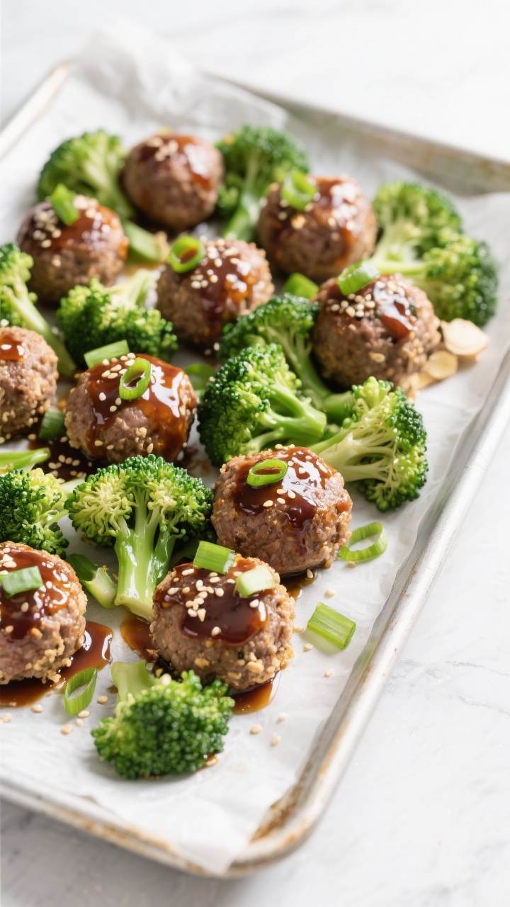 45-degree baking sheet shot of sticky-sweet beef and broccoli meatballs: oven-baked meatballs made from lean ground beef, panko breadcrumbs, egg, green onions, garlic, fresh ginger, soy sauce, and a touch of sesame oil; brushed with glossy sticky glaze, nestled among bright green roasted broccoli florets; sprinkled with sesame seeds and extra scallions; parchment-lined tray on a light surface, clean modern styling.