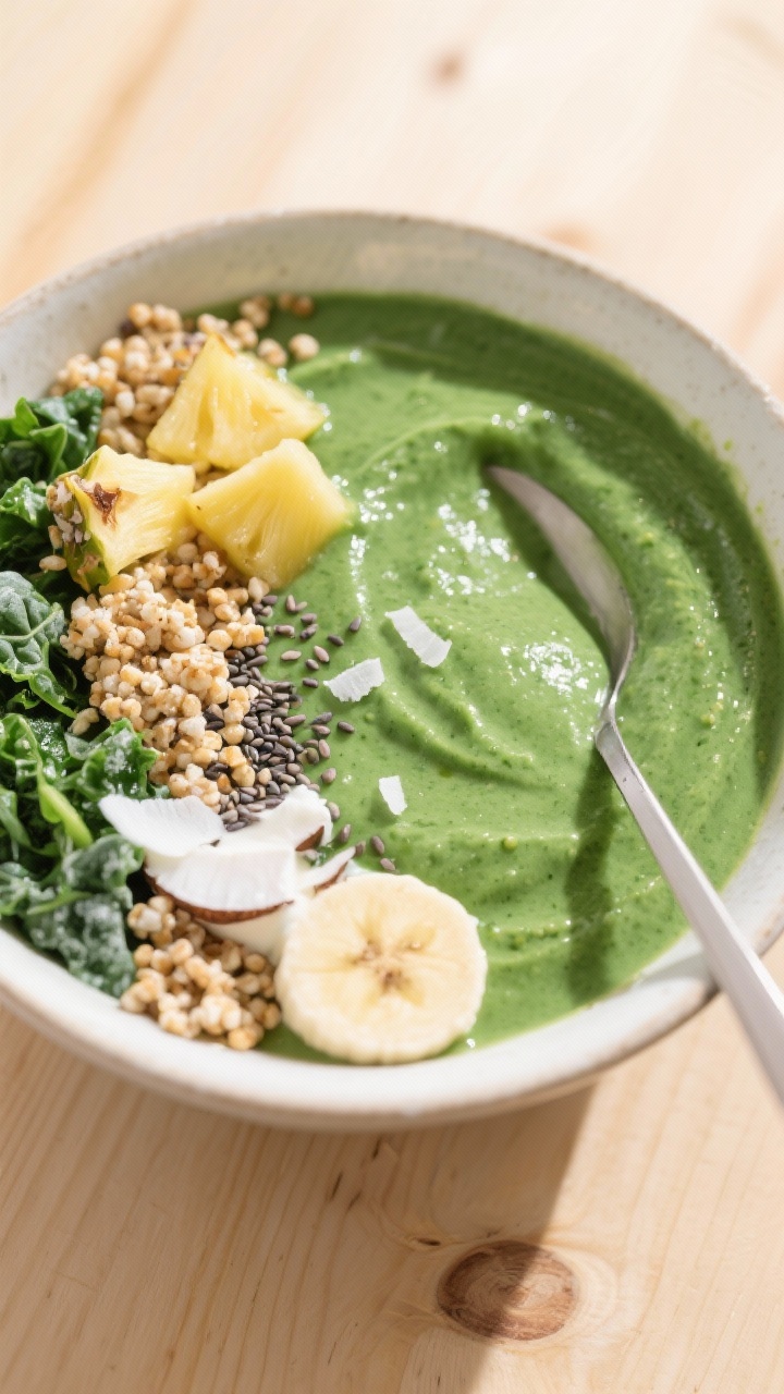 45-degree bowl shot of a green goddess smoothie bowl: thick, spoonable blend of frozen pineapple, banana, spinach/kale, almond milk, and Greek yogurt, vivid green and silky; topped with crunchy quinoa clusters, a few pineapple tidbits, chia seeds, and coconut shavings; placed on a pale wood surface with a minimalist spoon; bright, fresh morning vibe.
