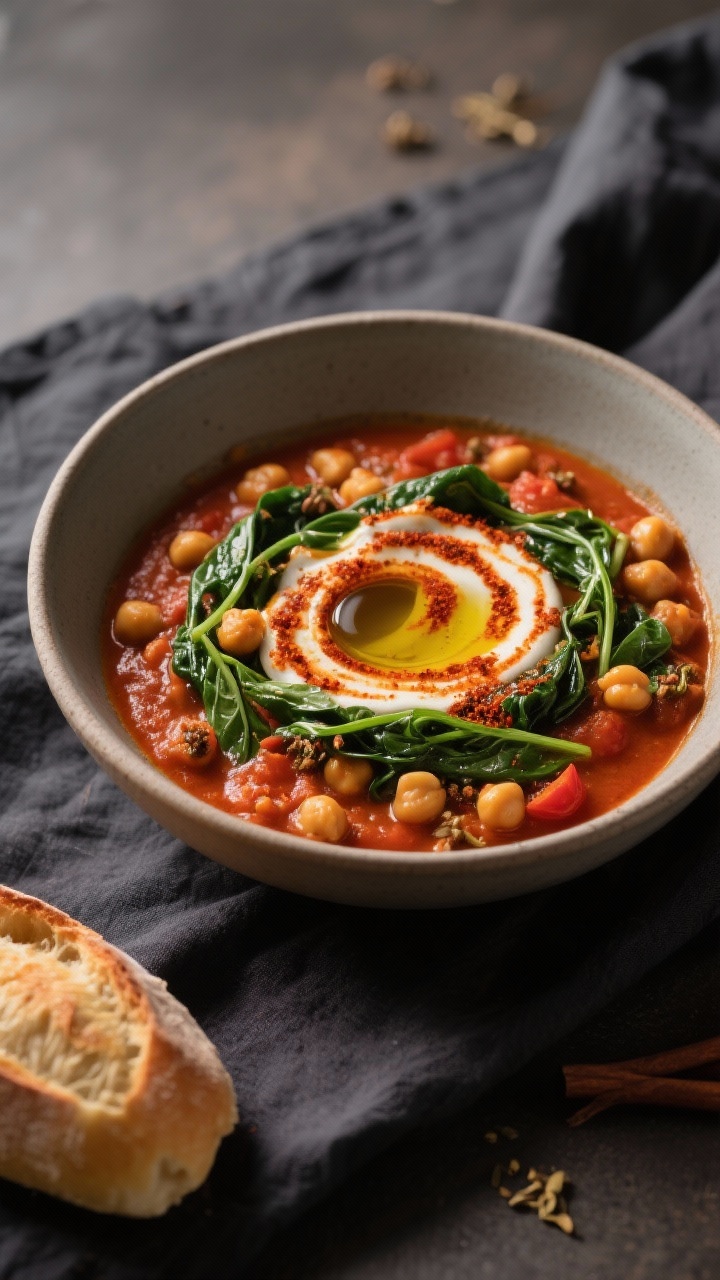 45-degree bowl shot of Smoky Chickpea and Spinach Stew: thick tomatoey chickpea stew infused with smoked paprika, cumin, coriander, cinnamon; wilted spinach ribbons throughout; dramatic harissa swirl on top, with a drizzle of olive oil; served in a matte ceramic bowl on a dark linen, crusty bread off to the side; warm, smoky color palette.