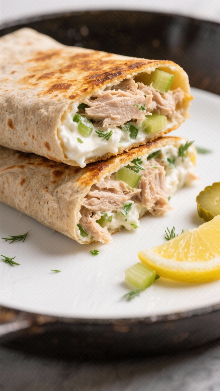 45-degree close-up of a folded whole-wheat crunch wrap cut in half to reveal creamy tuna filling: flaky tuna mixed with 2% Greek yogurt, Dijon mustard, lemon juice, finely diced celery, and bits of chopped dill pickle; edges toasted golden in a dry skillet for crunch, cross-section showing textures and flecks of green; set on a white plate with a lemon wedge and extra pickle bits, bright, fresh, deli-style vibe.