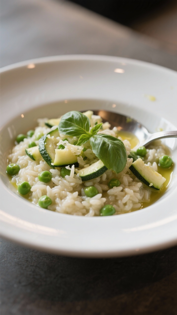 45-degree close-up of a no-stir risotto: Creamy zucchini, pea, and basil risotto in a shallow white bowl; arborio rice cooked with warm vegetable broth and a splash of dry white wine, studded with grated and sautéed zucchini and sweet green peas; finished glossy with olive oil, torn basil leaves on top; spoon trail revealing velvety texture; gentle evening light, cozy vibe.