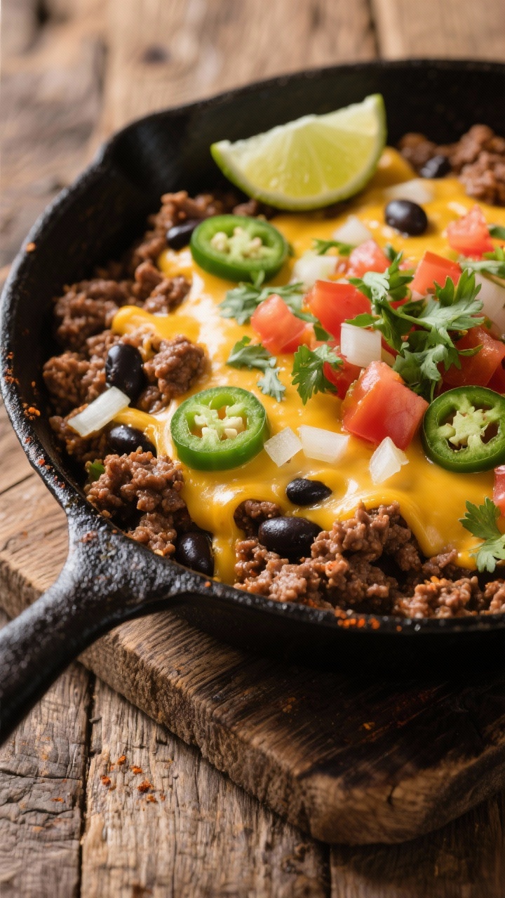 45-degree close-up of a one-pan cheesy taco skillet: crumbled lean ground beef with diced yellow onion and minced garlic simmered in taco seasoning and a splash of water, black beans folded in, melted cheddar pooled in pockets, garnished with jalapeño slices, diced tomatoes, cilantro, and lime wedges; cast-iron skillet on a rustic wood table, warm, weeknight-comfort vibe.