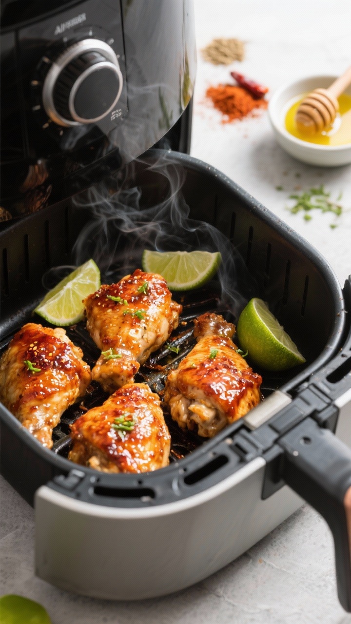 45-degree close-up of air fryer basket just opened: spicy honey-lime chicken thighs with lacquered, sticky glaze. Ingredients cues around the basket: a cut lime (zest visible), a small drizzle of honey pooling, spices in pinches (smoked paprika, chili powder, ground cumin), and a small dish of avocado oil. Steam rising, caramelized edges, vibrant lime wedges for color pop; crisp, modern kitchen backdrop.