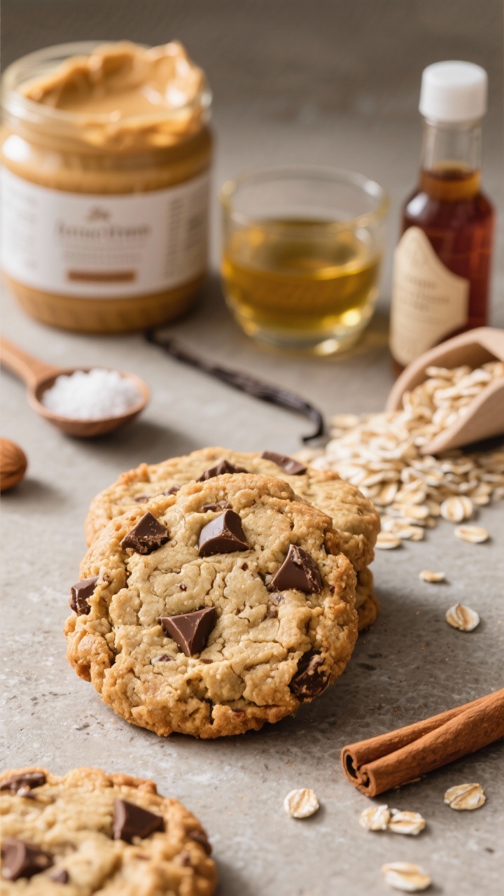 45-degree close-up of chewy almond butter oatmeal cookies studded with chunky chocolate pieces; toothy oat texture and light cinnamon flecks visible, edges slightly craggy; ingredients arranged casually behind: creamy almond butter jar with smear, pure maple syrup in a glass, melted coconut oil, vanilla extract bottle, ground cinnamon, fine sea salt pinch, old-fashioned oats spilling from a scoop; warm, inviting light on a stone surface.