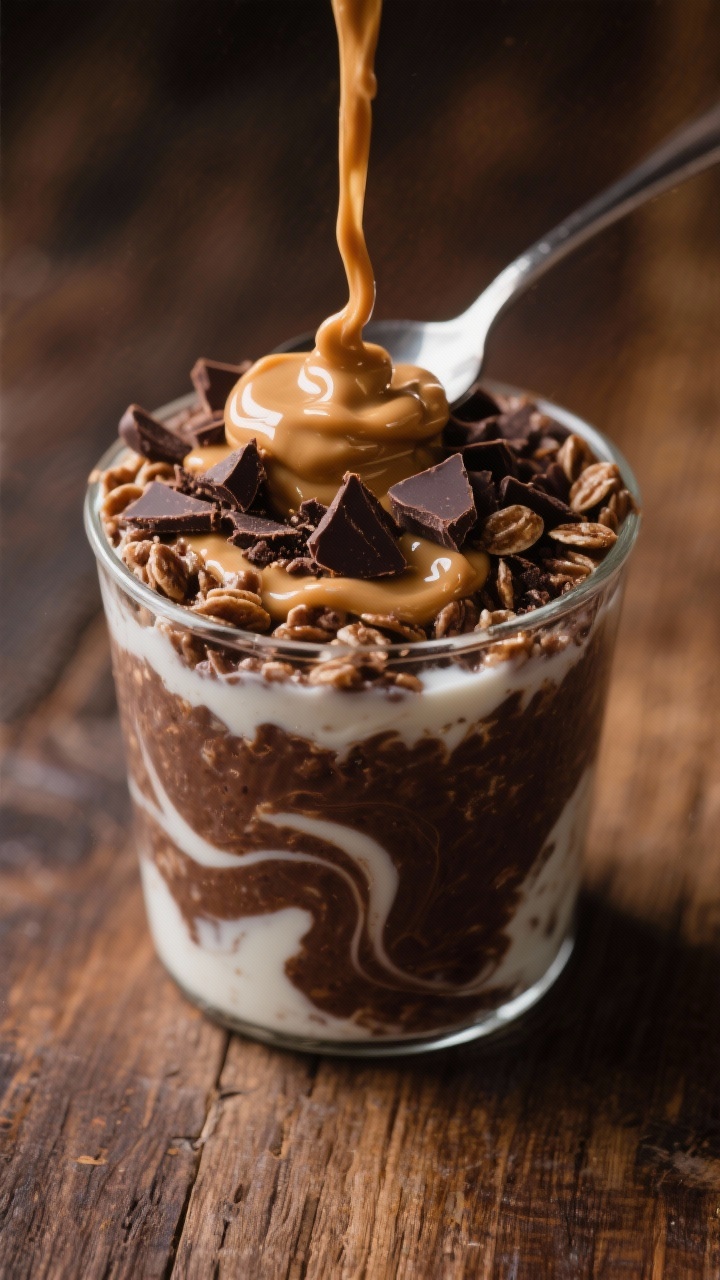 45-degree close-up of chocolate peanut butter cup overnight oats in a short tumbler: cocoa-infused oats swirled with milk and a touch of Greek yogurt, crowned with a glossy peanut butter drizzle, mini dark chocolate shavings, and a spoon dragging a creamy ribbon through the top; warm wood background, moody side light highlighting rich cocoa color and velvety texture.